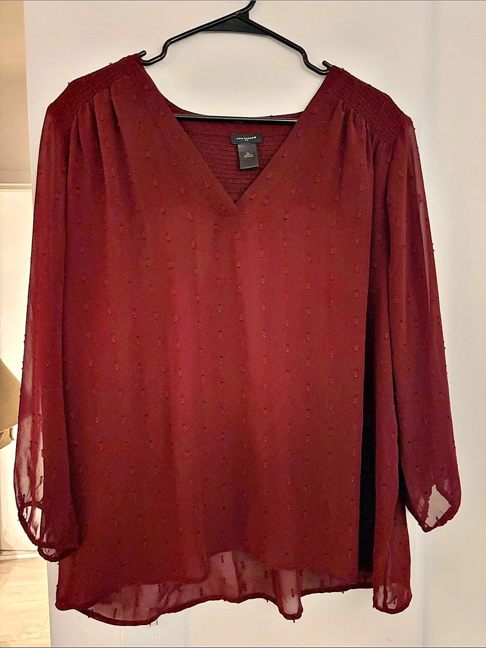 Ann Taylor Burgundy Swiss Dot V-Neck Blouse